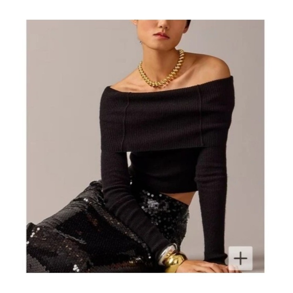 J.Crew Anna October Featherweight Cashmere Blend Off Shoulder Top Black Sz L‎